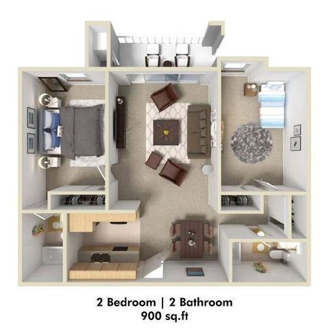 3D Rendering of a 2 Bed Floor Plan