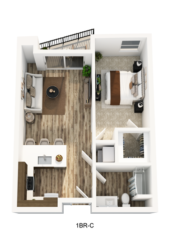 3D floorplan of a one-bedroom at Textur apartments
