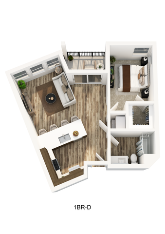 3D floorplan of a one-bedroom at Textur apartments