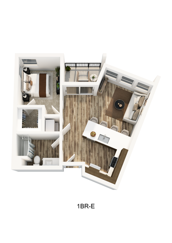 3D floorplan of a one-bedroom at Textur apartments
