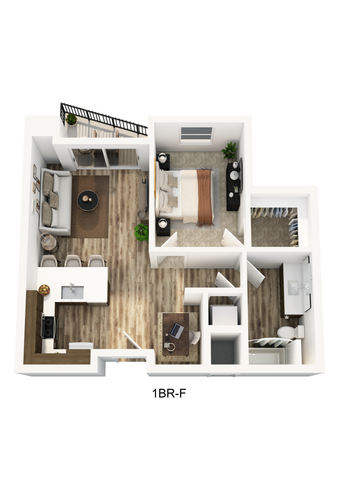 3D floorplan of a one-bedroom at Texutr Apartments