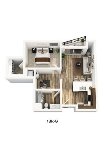 3D floorplan of a one-bedroom apartment at Textur apartments