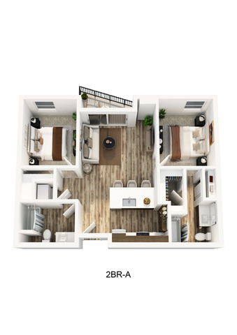 3D floorplan of a two-bedroom apartment at Textur Apartments