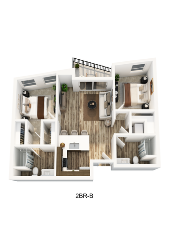 3D floorplan of a two-bedroom apartment at Textur apartments