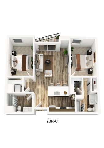 3D floorplan of a two-bedroom apartment at Textur apartments