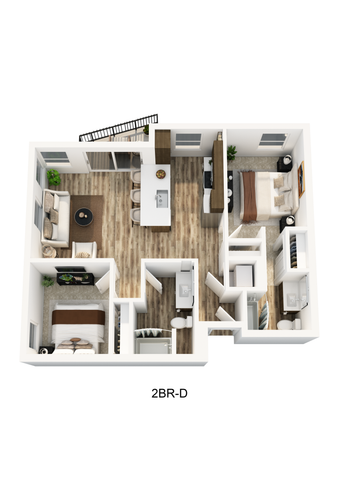 3D floorplan of a two-bedroom at Textur apartments
