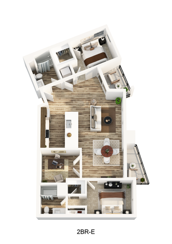 3D floorplan of a two-bedtoom at Textur apartments!