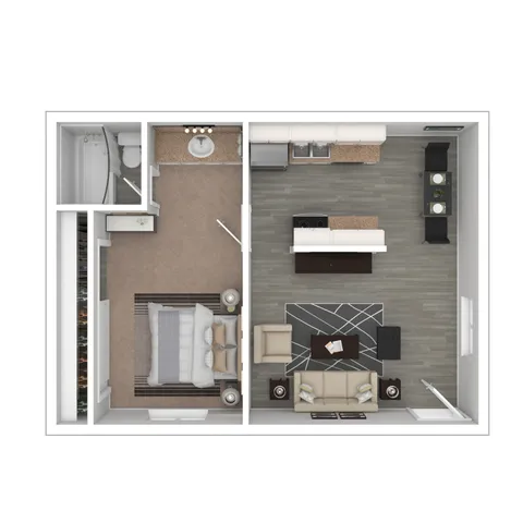 3D Furnished Rendering of 1-Bedroom Floor Plan