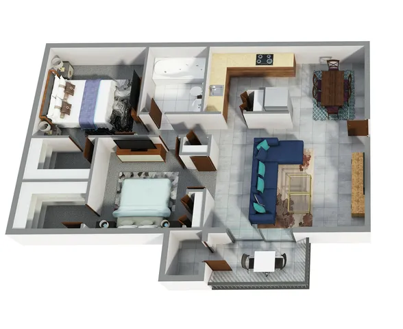 Two-Bedroom, One-Bathroom 3D Furnished Floor Plan Rendering