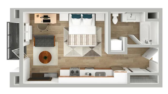 Floorplan rendering of a studio apartment with furniture