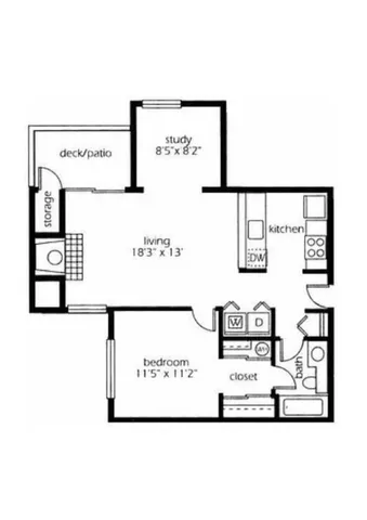 1 Bed 1 Bath Floor Plan with Den