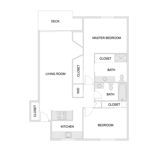 2 bed 2 bath 2D floorplan of Creekwood