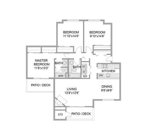 3 Bed 2 Bath Floor Plan