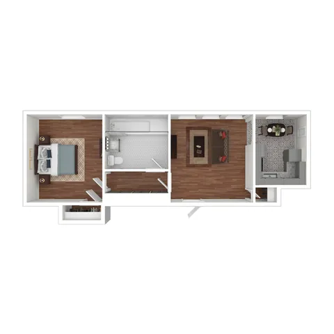 3D Furnished Rendering of 1-Bedroom Floor Plan