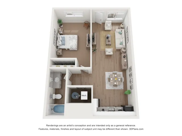 3D Floor plan of one bedroom, one bathroom at Pineview Terrace