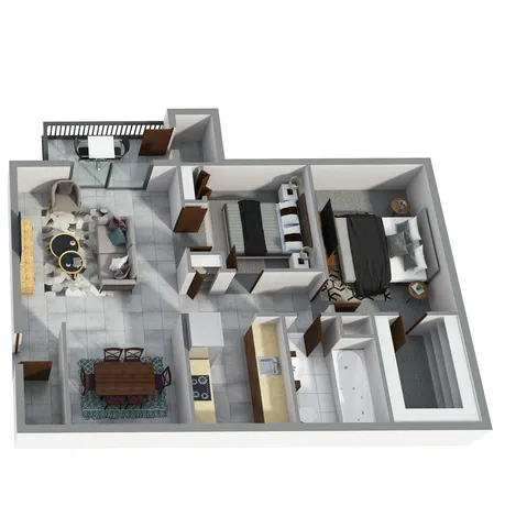 Two-Bedroom, One-Bathroom 3D Furnished Floor Plan Rendering