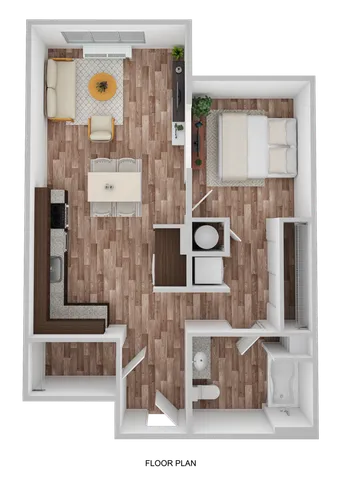 3D Floor Plan Rendering of the Colorado one-bedroom, one-bathroom, 709 square feet.