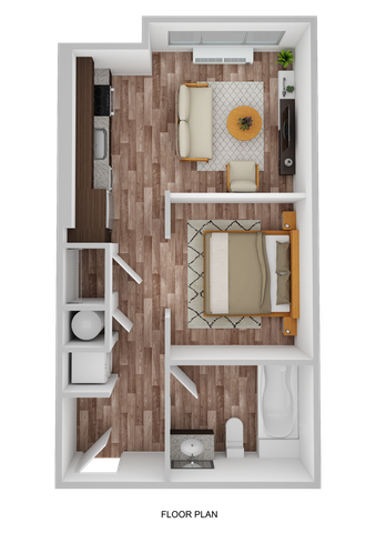 3D Floor Plan Rendering of the Columbia One-Bedroom, One-Bathroom Layout. 486 Square Feet.