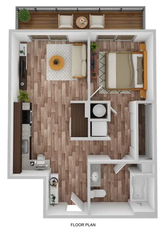 3D Floor Plan Rendering of the Galveston One-Bedroom, One-Bathroom Layout. 584-605 square feet