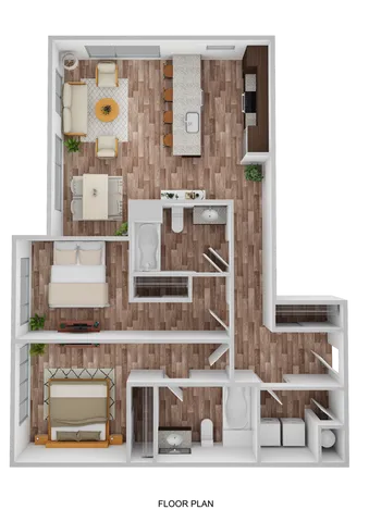 3D Floor Plan Rendering of the Arizona Two-Bedroom, Two-Bathroom Layout. 1,109 square feet