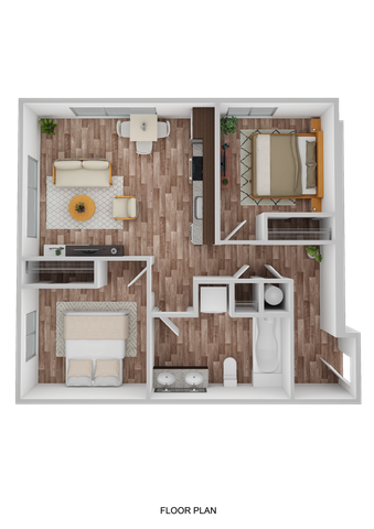 3D Floor Plan Rendering of the Arizona Two-Bedroom, One-Bathroom Layout. 775 square feet