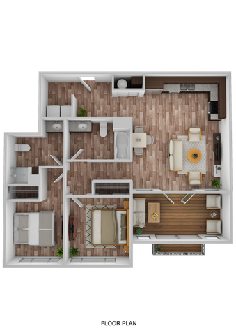 3D Floor Plan Rendering of the Lafayette Two-Bedroom, Two-Bathroom Layout. 1,127 square feet