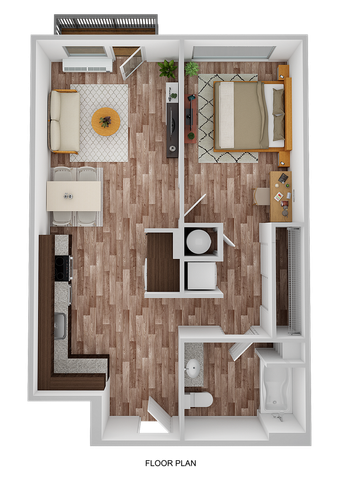 3D Floor Plan Rendering of the Simpson One-Bedroom, One-Bathroom Layout. 626-689 square feet