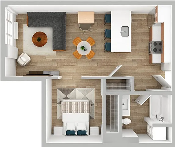 3D Floor Plan Rendering of a One-Bedroom, One-Bathroom Apartment with Furniture