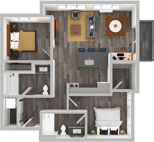 3D Floor Plan Rendering of a Two-Bedroom, Two-Bathroom Apartment with Furniture.