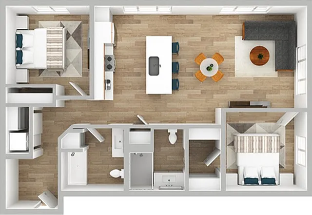 3D Floor Plan Rendering of a Two-Bedroom, Two-Bathroom Apartment with Furniture.