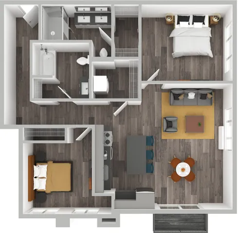 3d floor plan image of a 2 bedroom 2 bathroom with furniture