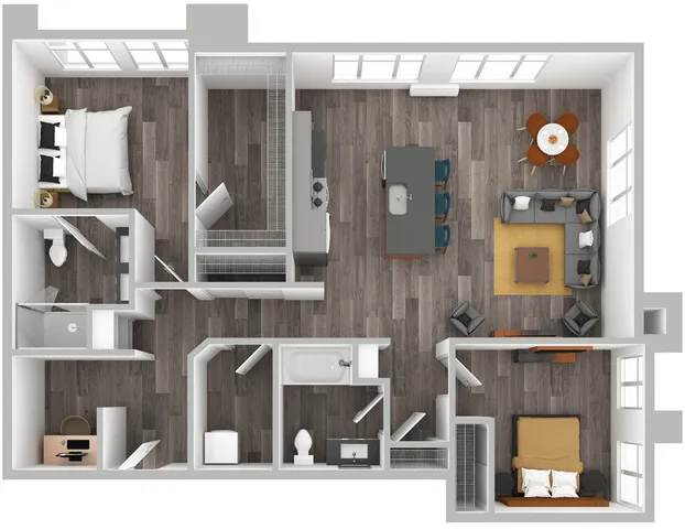 3D Floor Plan Rendering of a Two-Bedroom, Two-Bathroom Apartment with Furniture.