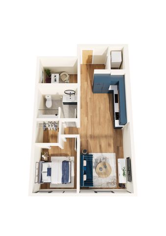 Furnished 3D Rendering of One-Bedroom Floor Plan with Den