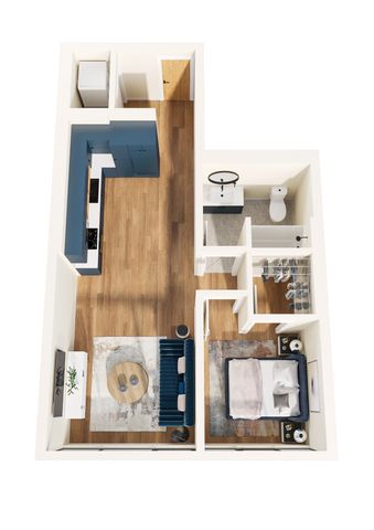 Furnished 3D Rendering of One-Bedroom Floor Plan