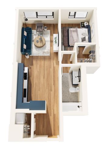 Furnished 3D Rendering of One-Bedroom B Floor Plan