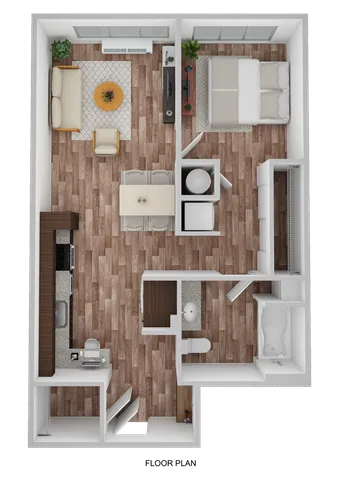 3D Floor Plan Rendering of the Simpson One-Bedroom, One-Bathroom Layout. 626-689 square feet
