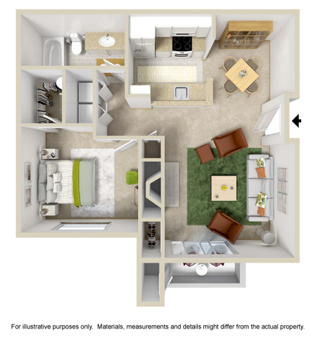 one-bedroom, one- bathroom 3D Floor plan rendering