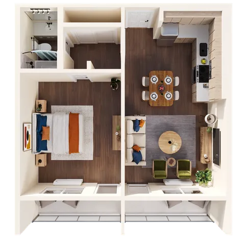 3D floorplan of a 1 Bedroom unit at Solaris at Tucson
