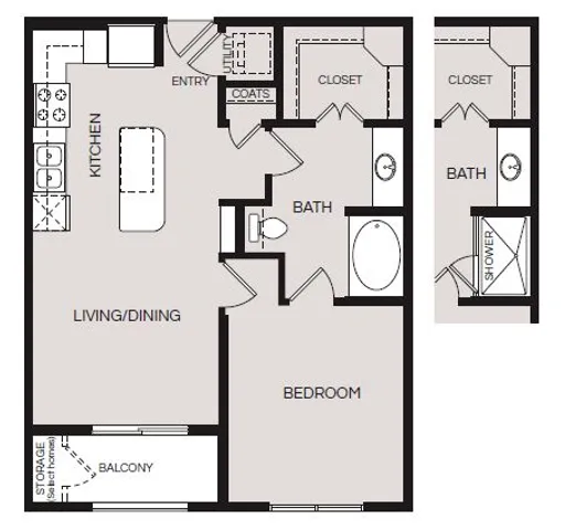 Elegant floor plan showing a single bedroom, modern kitchen, and spacious living area with a balcony.