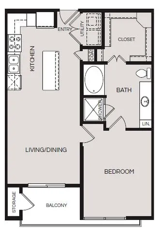 Elegant floor plan featuring one bedroom, open kitchen, and living/dining area with balcony space.