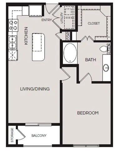 Efficient 2D floor plan showing a single bedroom, open living/dining area, kitchen, and balcony.