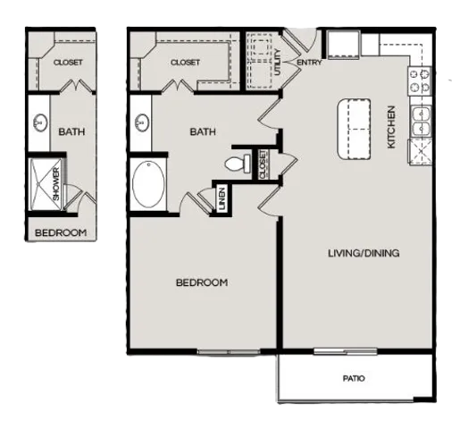 2D floor plan showcasing two bedrooms, two bathrooms, a combined living and dining area, and a modern kitchen layout.