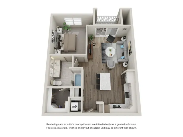 Chic 3D floor plan featuring a one-bedroom apartment with open living space and modern kitchen.