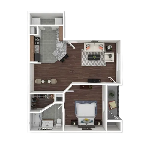 Modern floor plan featuring one bedroom, a cozy living area, open kitchen with island seating, and a stylish bathroom.