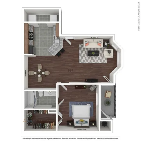 Chic apartment floor plan showcasing 1 bedroom, a modern kitchen with granite countertops, cozy living room, spacious bathroom, and private balcony.