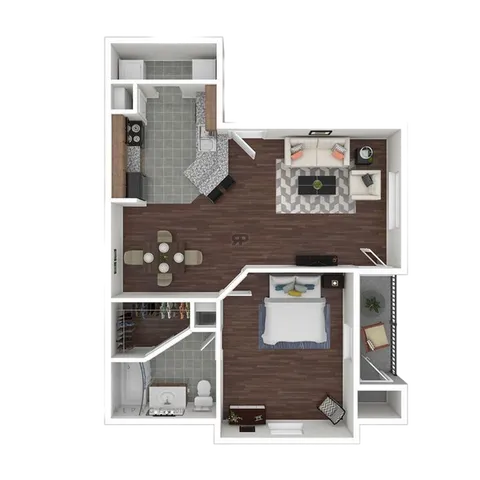 Elegant floor plan showcasing a spacious one-bedroom apartment with an open kitchen, modern living room, and stylish dining area.