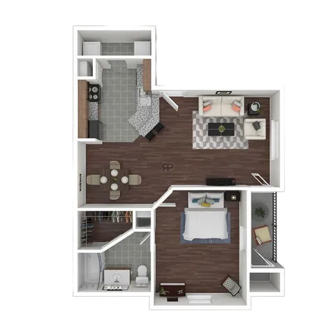 Modern 2D floor plan showcasing a spacious bedroom, open-concept living and dining area, stylish kitchen, and contemporary bathroom.