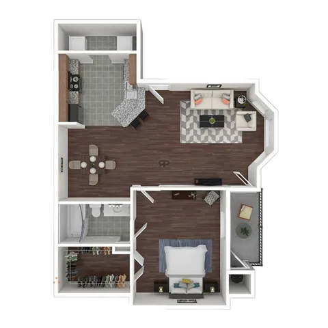 Chic open-concept floor plan featuring a spacious living area, modern kitchen, and cozy bedroom with a walk-in closet.