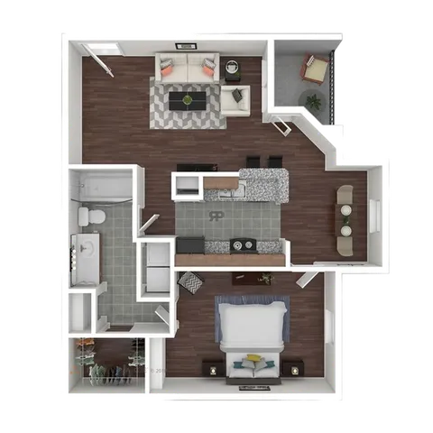 Contemporary floor plan showcasing a stylish one-bedroom apartment with a spacious living room, modern kitchen with island, and a cozy balcony area.