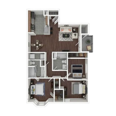 Elegant 3D floor plan showcasing 3 bedrooms, an open-concept kitchen, dining area, and a cozy living room with balcony access.